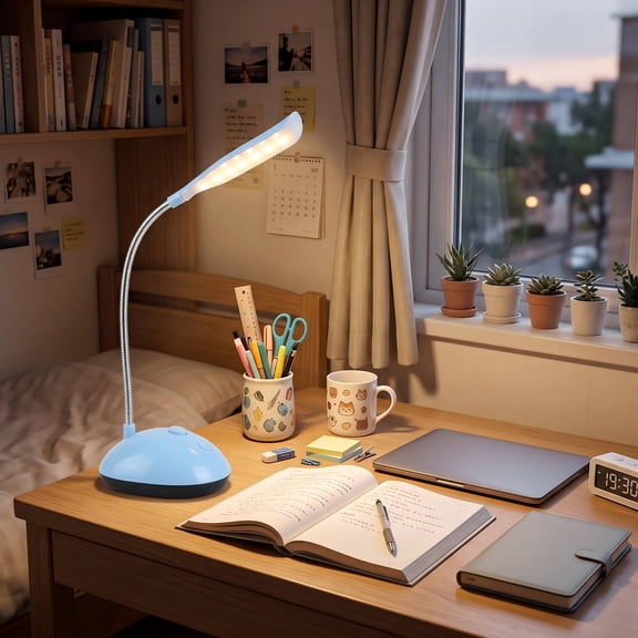SeekLGT Gooseneck Desk Lamp Small Table Reading Lamp Flexible Eye-Friendly Portable Night Light for Study Dorm Bedroom Office, Battery Powered, Compact Design