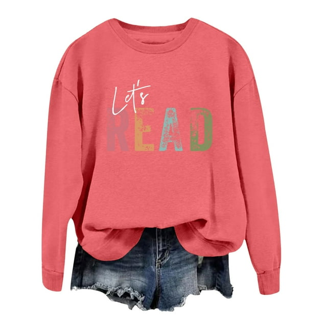 WEAIXIMIUNG Teacher Sweatshirt Custom Reading Book Sweatshirt Women Let's Read Graphic Long Sleeve Shirts Crewneck Teacher Library Bookish Pullover Tops