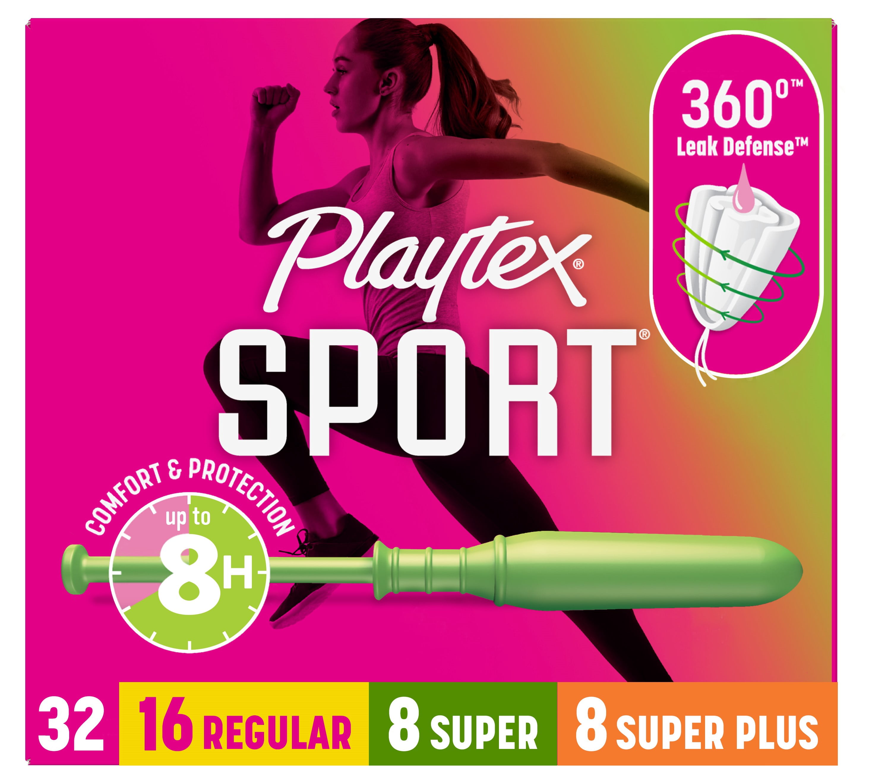 (2 pack) Playtex Sport Tampons, Unscented, Regular/Super/Super Plus Absorbency, 32 Count