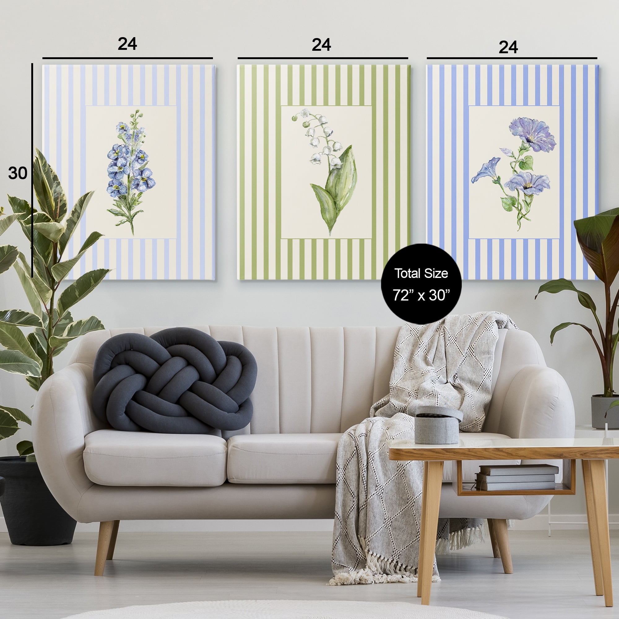 Soft Stripe Cottage Blooms 3 Piece Canvas Wall Art Set, design by Lisa Wehmeyer