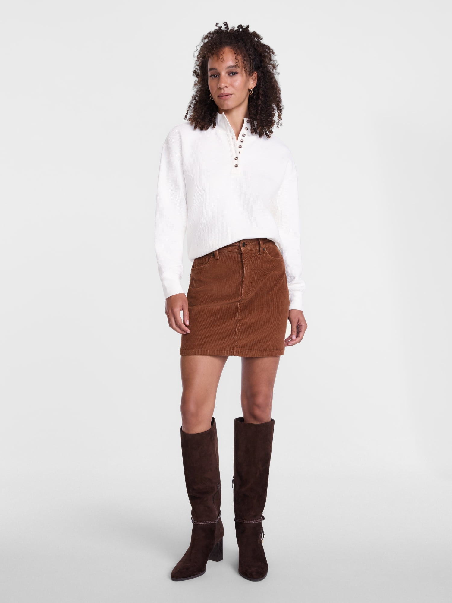 Scenario Women's and Women's Plus Waffle Knit Button Top with Long Sleeves, Sizes XS-4X