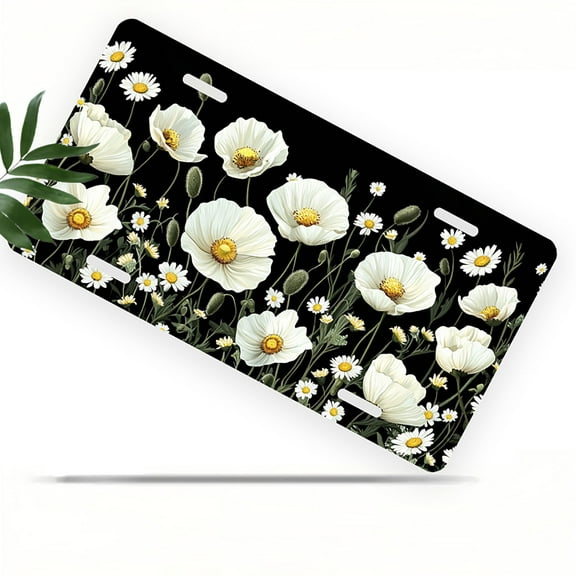 License Plate, White Poppies and Daisies Decorative Front,Personalized Stainless Steel License Plate Cover For Men Women,12.2" X 6.2"