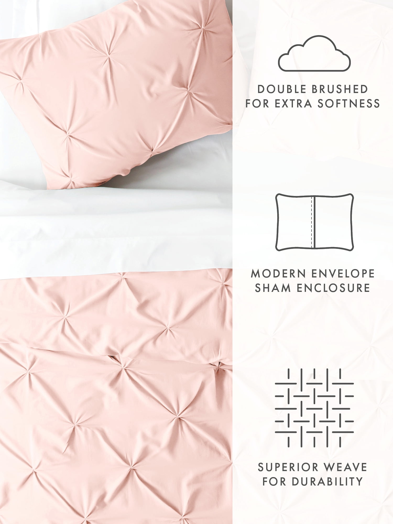 Comfort Canopy - 3 Piece Blush Pinch Pleated Duvet Cover Set with Shams for Queen Size Bedding