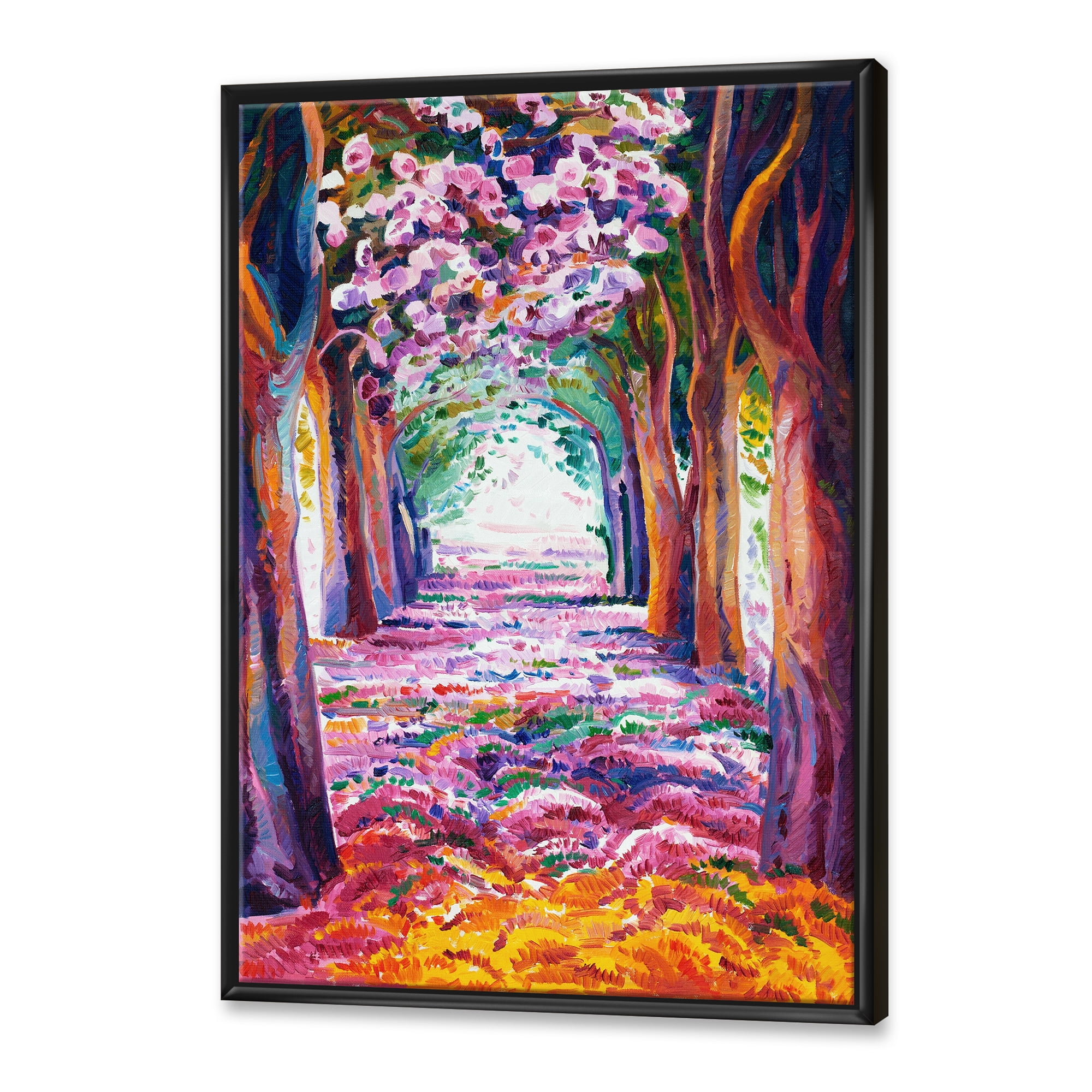 Designart 'Pink Flowering Colorful Spring Forest' Lake House Framed Canvas Wall Art Print