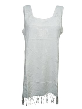 Mogul Womens Tank Dress Floral Embroidered Tassel Hemline Sleeveless Bohemian Rayon Shift Dresses
