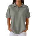 thumbnail image 3 of Women's Loose Polo Shirt Collared Waffle Knit Tops Short Sleeve Button Placket Soft Breathable Lightweight Versatile Tee, #02 Gray, L, 3 of 7