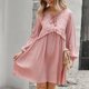 thumbnail image 2 of Vestido de mujer con cuello en V, manga larga de linterna, empalme de encaje, cintura alta, vestido con ribete de volantes para niñas, rosa S, 2 of 6