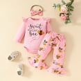 thumbnail image 3 of OBEEII Long Sleeve Romper Outfits for Infant Toddle Girls Printed Jumpsuits Bell Bottom Pants with Bow Headband 3PCS 1st Birthday Coming Home Casual Outfits, 3 of 10