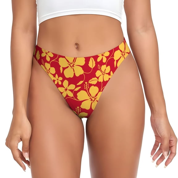 Thongs for Women - Hawaiian Style Red Yellow No Show Seamless Womens Thongs Underwear, Breathable G String Thongs for Women, Ladies Stretch Low Rise Thong Bikini Panties Briefs