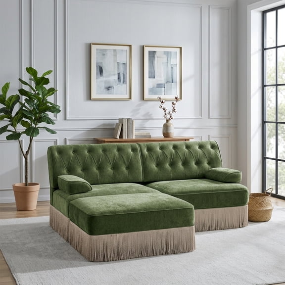 FFZ 2-Seat L-Shaped Chesterfield Tufted Velvet Sofa with Ottoman and Tassel Skirt, Green