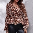 thumbnail image 2 of Print V Neck Wrap Top Lantern Long Sleeve Ruffle Hem Women Floral Print Wrap Blouse for Female Leopard Print Coffee Color M, 2 of 6