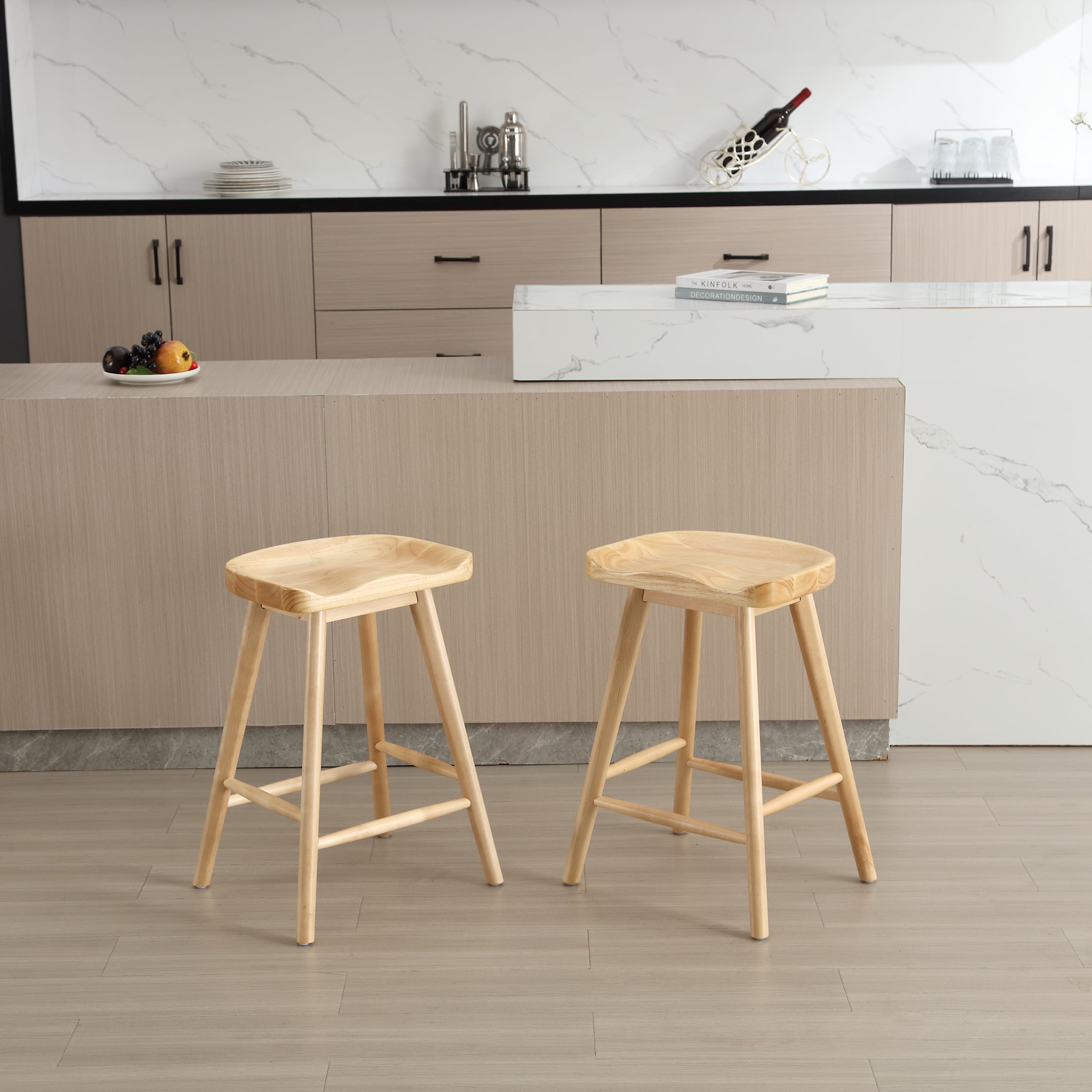 Guyou Backless Counter Stools Set of 2, 24 Inch Rustic Farmhouse Wooden Saddle Stools, Bar Stools for Kitchen Island Bar Bistro, Natural