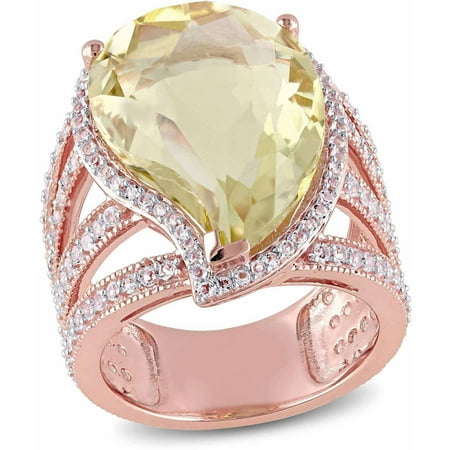 Tangelo 12-4/5 Carat T.G.W. Lemon Quartz and White Topaz Rose Rhodium-Plated Sterling Silver Halo Cocktail Ring