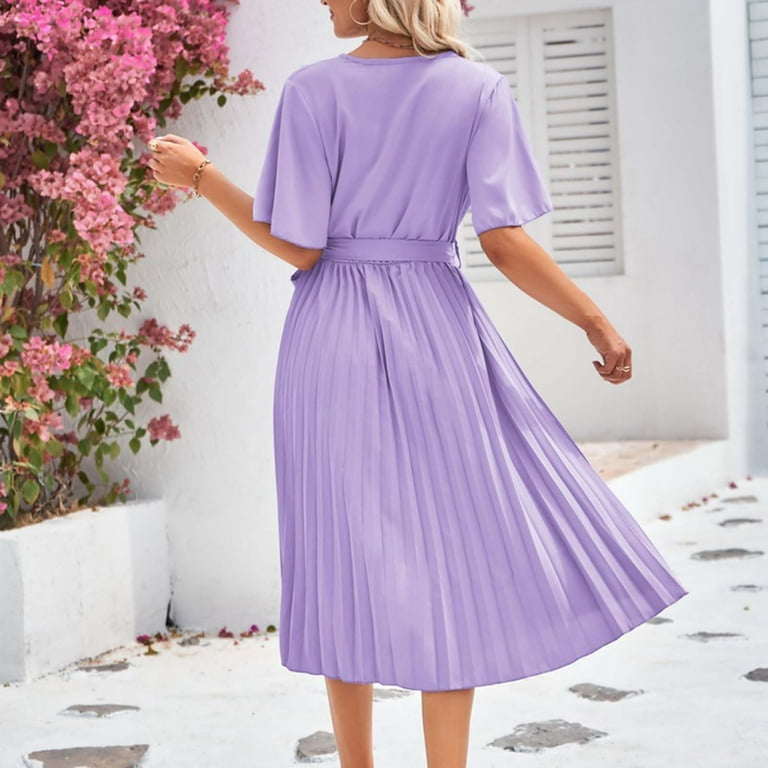 QUYUON Women Midi Formal Dresses Casual V Neck Short Sleeve