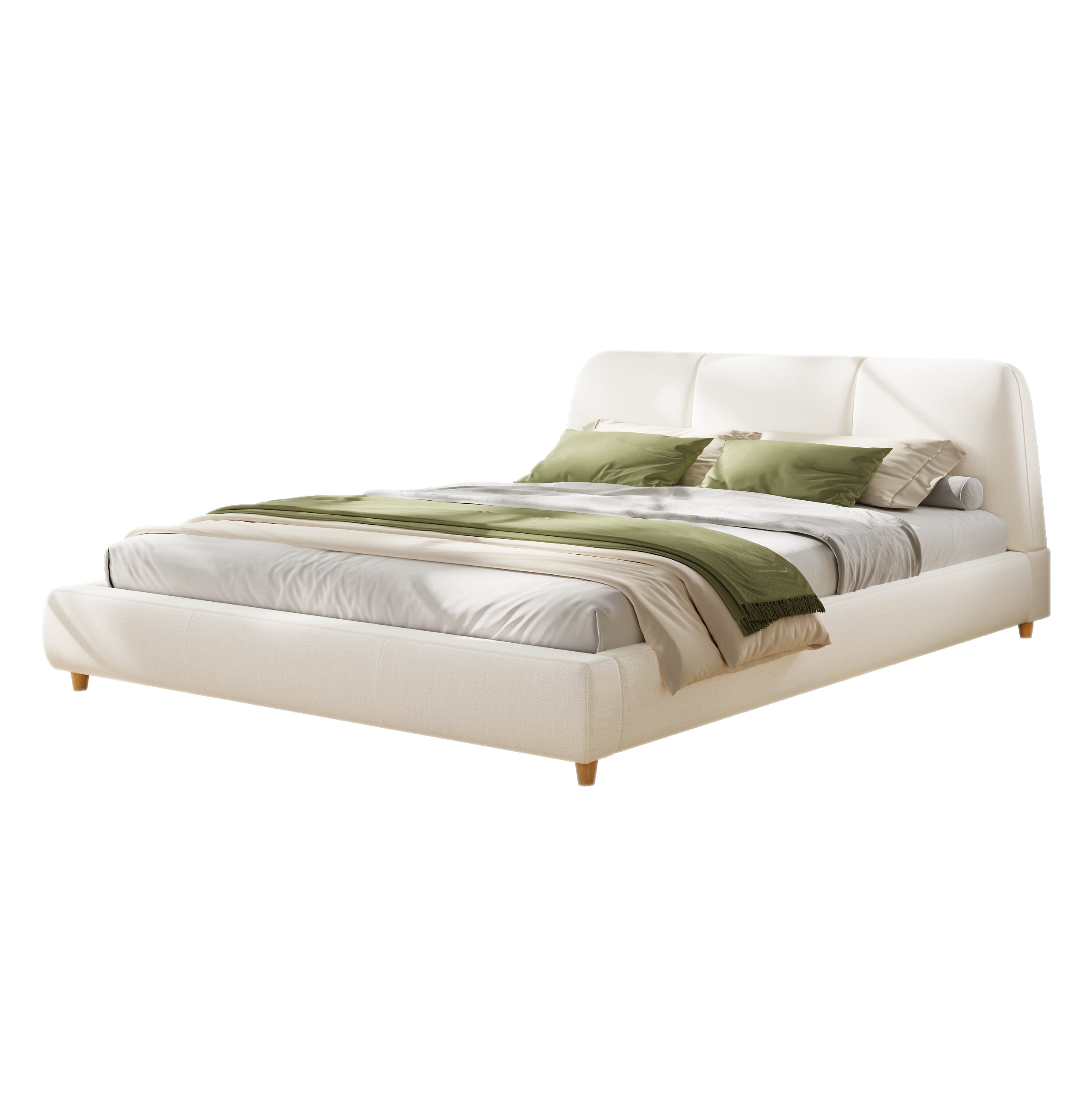 King Size Modern Upholstered Bed Frame with Linen Blend Fabric & Solid Wood Legs, Platform Bed with Thick Padded Headboard for Bedroom, White