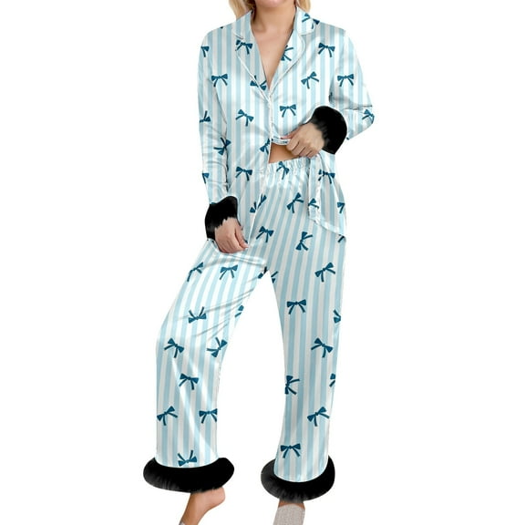 SJLDQY Valentines Women's Pajamas Set 2 Peice Pjs Set for Women Valentine's Day Bowknot Graphic Long Sleeve Pajama Tops Pants Soft Comfy Homewear Sleepwear Outfits