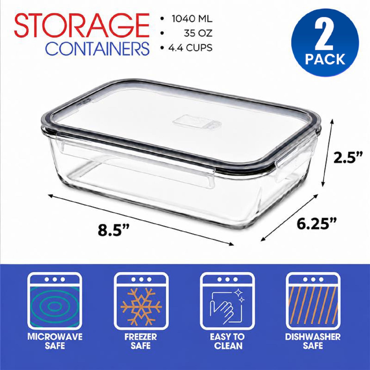 Sorbus 2-Pack 35 oz Glass Meal Prep Containers, Airtight Leakproof Lids, Steam Vent Design