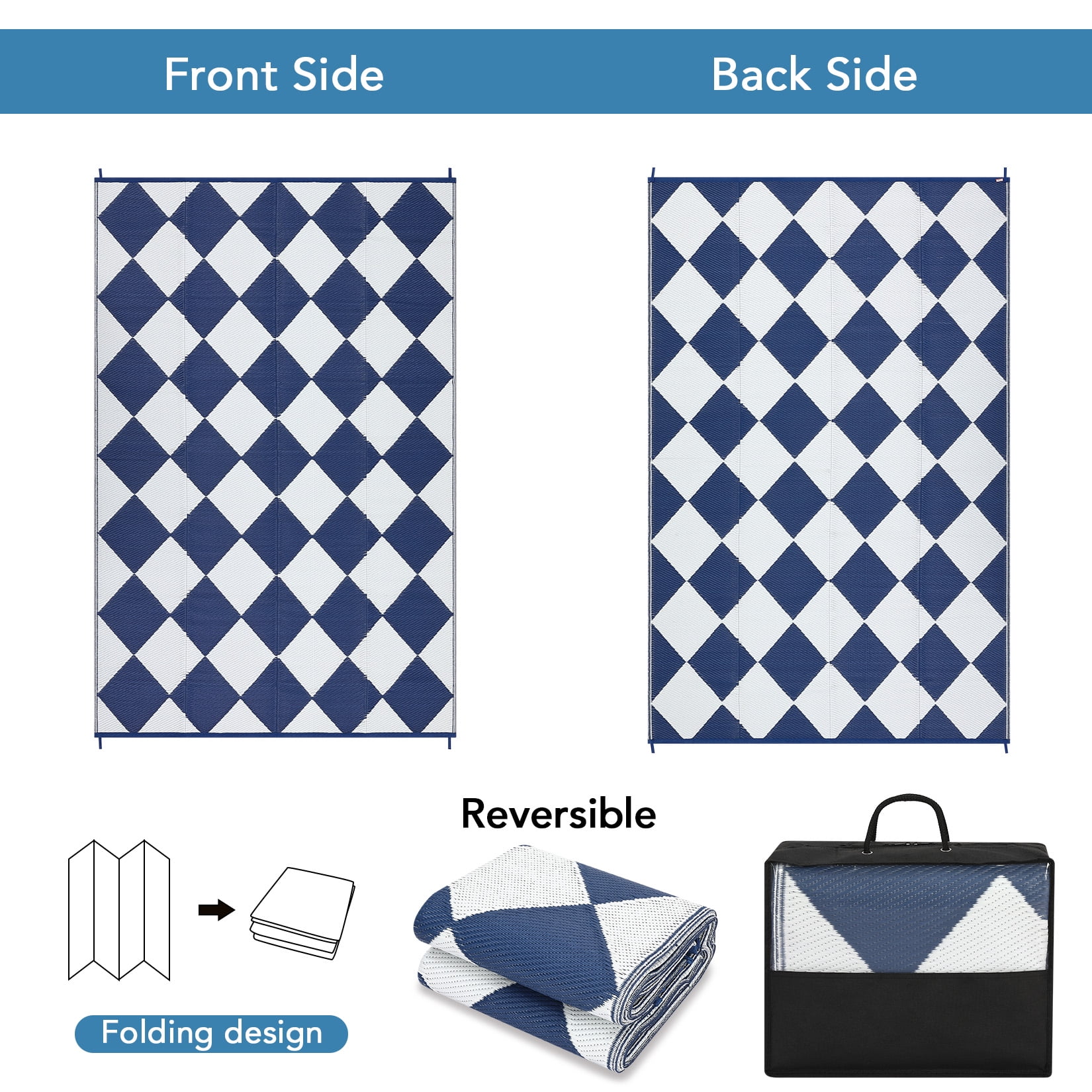 Haperlare 9'x18' Waterproof Outdoor Rug Plastic Geometric Diamond Outdoor Carpet for Balcony Deck Picnic, Reversible UV Resistant Patio Rugs Carpet with 4 Stakes & Portable Bag, Blue and White