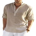 thumbnail image 1 of Camisa casual de color puro para hombre, cuello alto, manga larga, suelta, transpirable, ligera, para la playa, 1 of 5