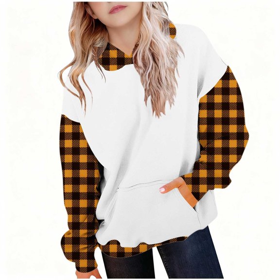 Lyrcatrment Hoodies For Boys Girls Color Block Long Sleeve Hooded Plaid Sweatshirts Loose Casual Pullover Tops Fall Trendy Outfits