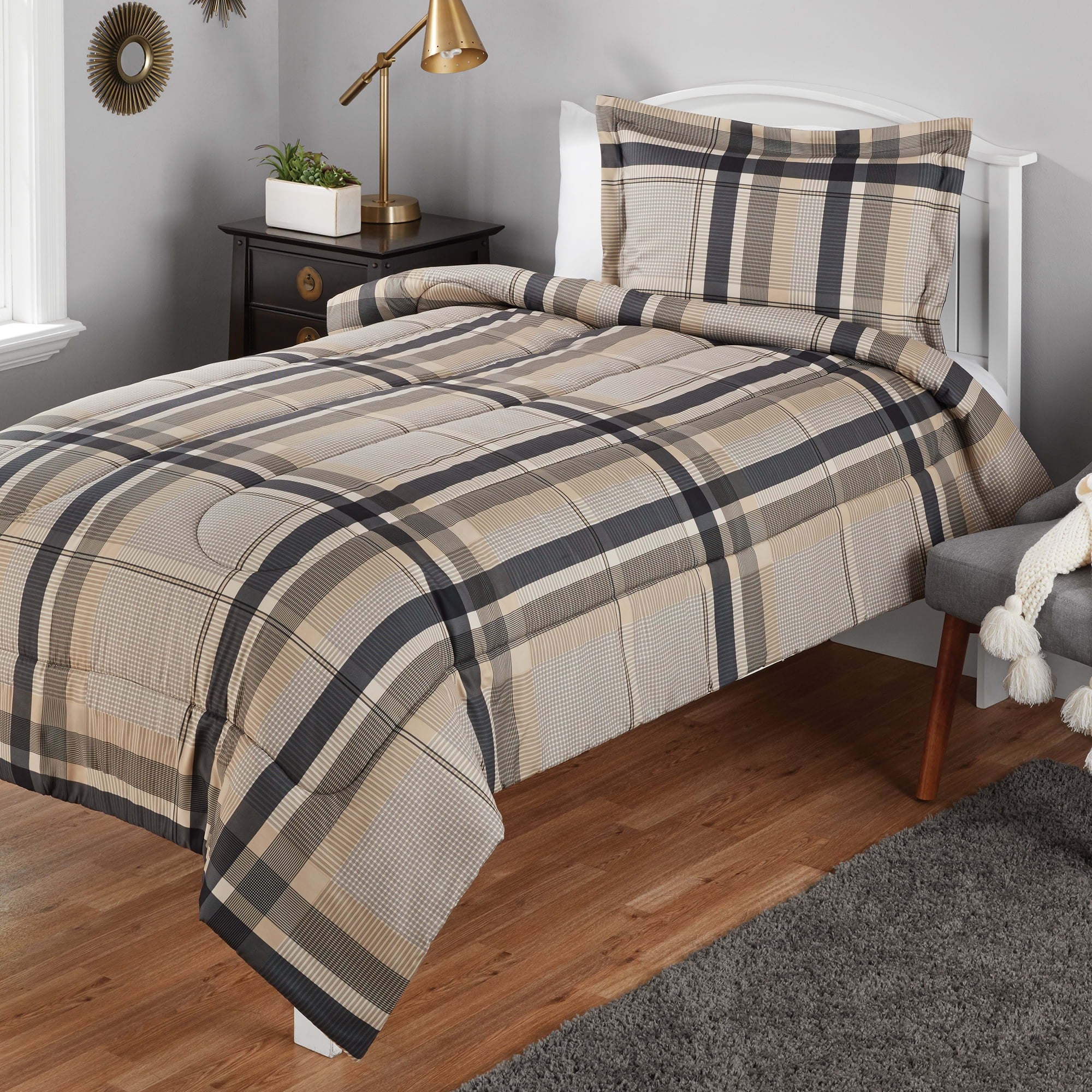 Mainstays Twin or Twin XL Plaid Printed Black & Tan Comforter Mini Set