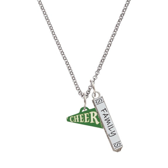 Delight Jewelry Acrylic 3/4" Green Cheer Megaphone Silvertone Family Bar Charm Necklace, 23"