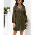 thumbnail image 2 of Vestido de manga larga con linterna para mujer, cuello en V, con botones, informal, suelto, línea A, vestido corto para verano OD Verde M, 2 of 6
