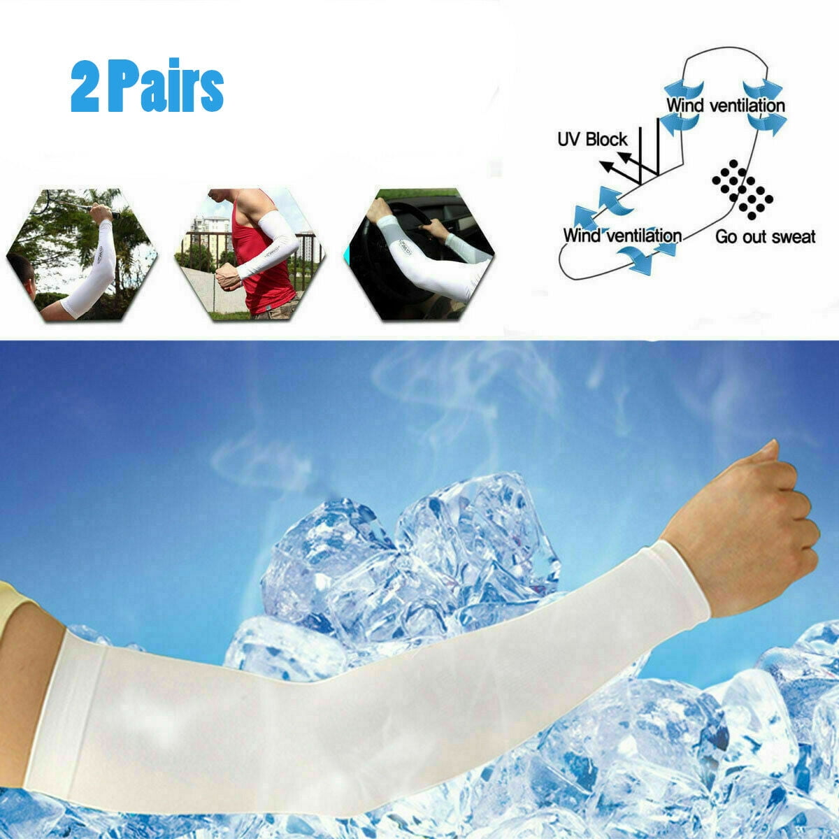 2 Pairs UV Protection Cooling Arm Sleeves - UPF 50 Compression Arm Sleeves for Men/Women/Students for Elbow Brace, Baseball, Basketball, Football, Cycling Sports(White)