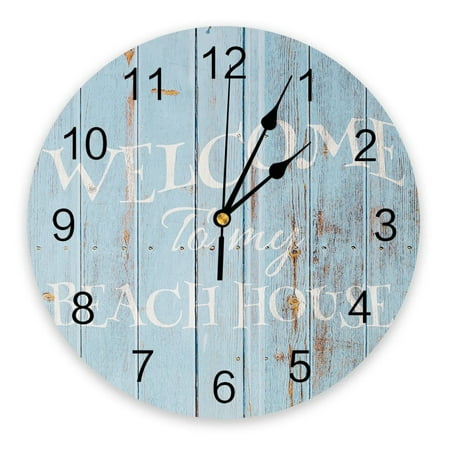 Wood Grain Blue Text Beach Bedroom Wall Clock Large Modern Kitchen Dinning Round Wall Clocks Living Room Watch Home Decor(10 Inch)