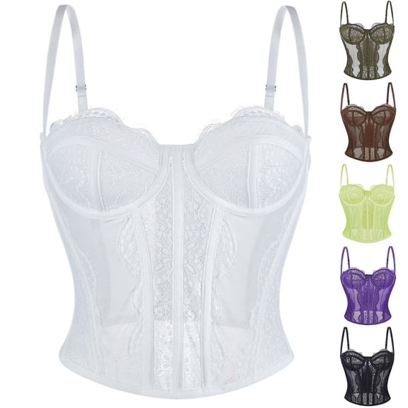 Sentmoon Shapewear for Women Tummy Control Bodysuit Shapewear Women Tight Fitting Fishbone Corset Eyelash Lace Shoulder Strap Corset Straps Tank Delightful for Working Out & Gym White L