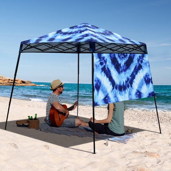 EAGLE PEAK Day Tripper Slant Leg Lightweight Compact Portable Canopy w/Backpack Easy One Person Set-up Folding Shelter, 6' x 6' Top and 8' x 8' Base, Tie Dye Blue
