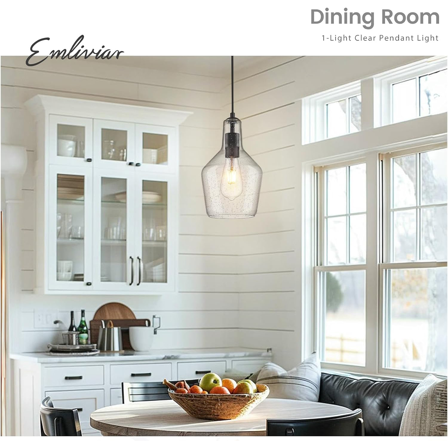 Emliviar Modern Island Pendant Light with Clear Seeded Glass, Black Finish, DYE286G2-MIL BK