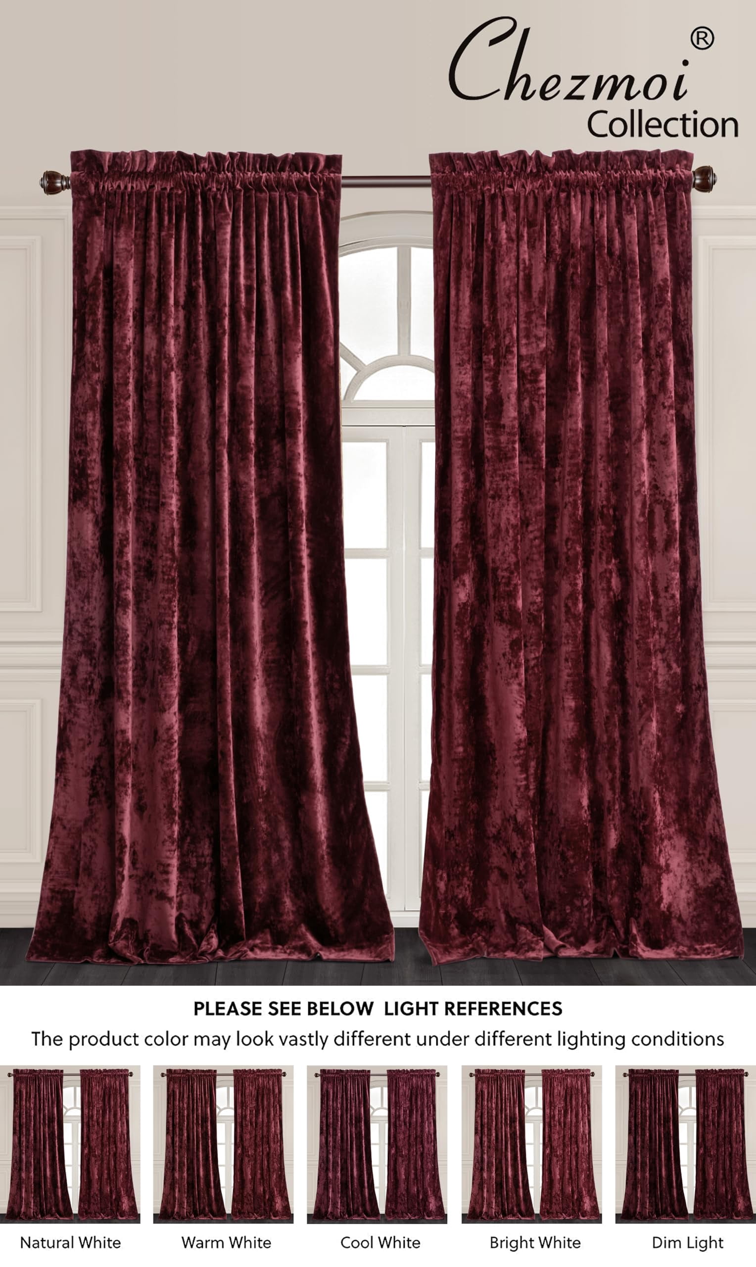 Chezmoi Collection Lux Burgundy Red Crushed Velvet Curtains 2 Panel Set, Room Darkening Luxury Distressed Velvet Rod Pocket Window Drapes for Living Room Bedroom 50" W x 96" L