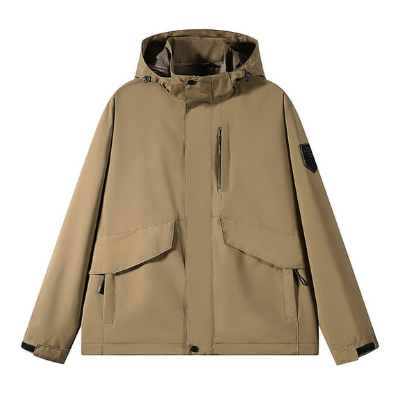 HOOMEUMY Men's Waterproof Windproof Jacket Lightweight Hooded Raincoat Outdoor Zipper Up Casual Mountaineering Coat Yellow XXL