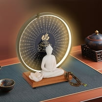 Indoor Ceramic Buddha Statues for Home Decor, Buddha Statue with Circle LED Lamp