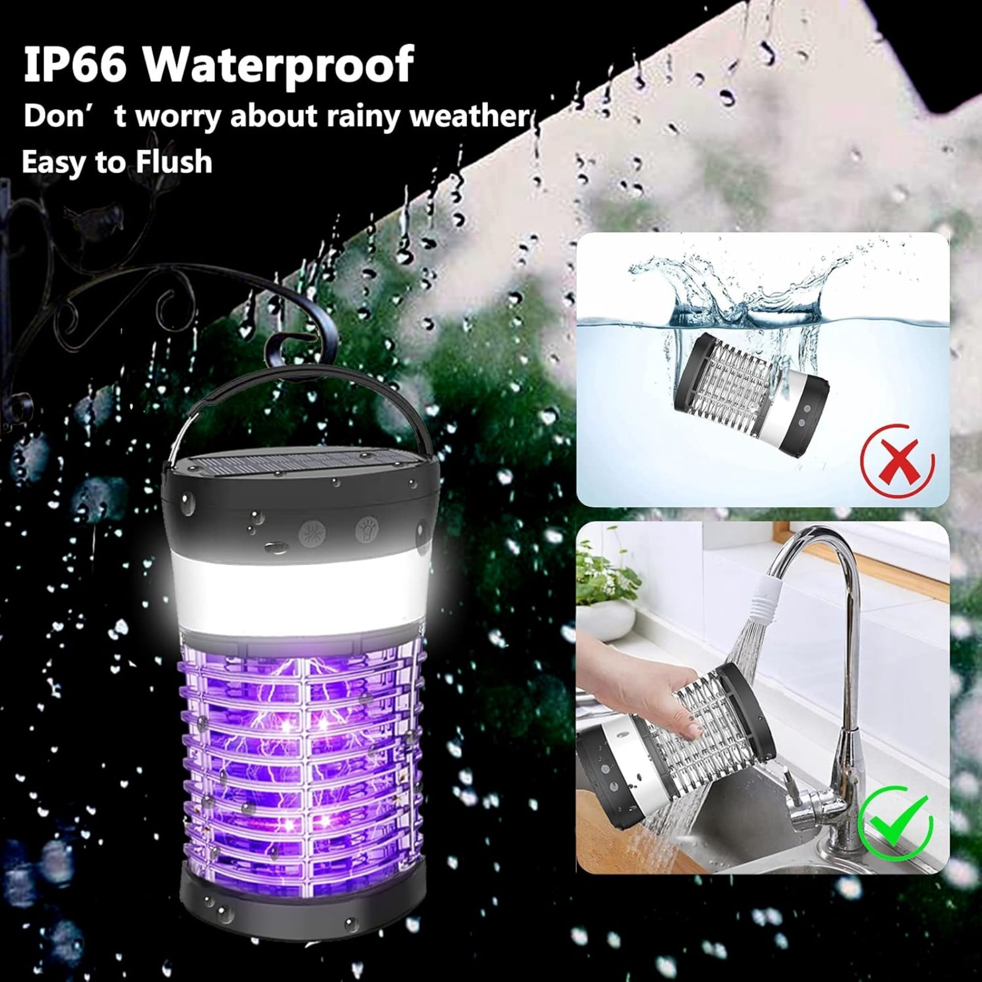 Solar Bug Zapper, 3000V Electric Mosquito Killer, IP66 Waterproof Rechargeable 3-in-1 Fly Trap Outdoor Indoor