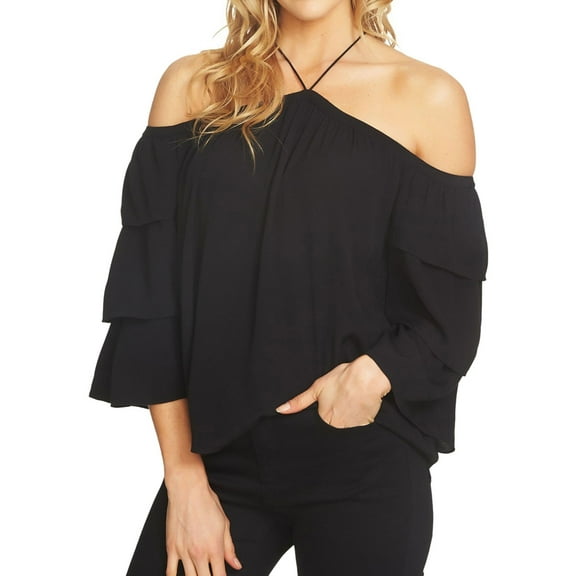 1.STATE Womens Cold Shoulder Halter Blouse Top, Black, X-Small
