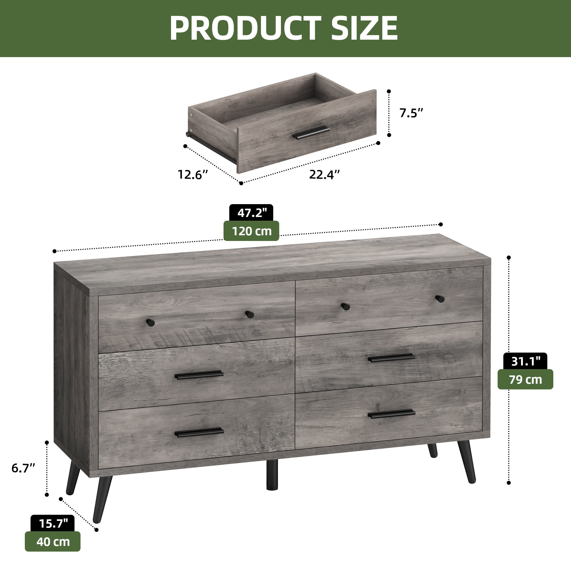 Uforic 6-Drawer Horizontal Dresser for , Wood Chest of Drawers, Gray