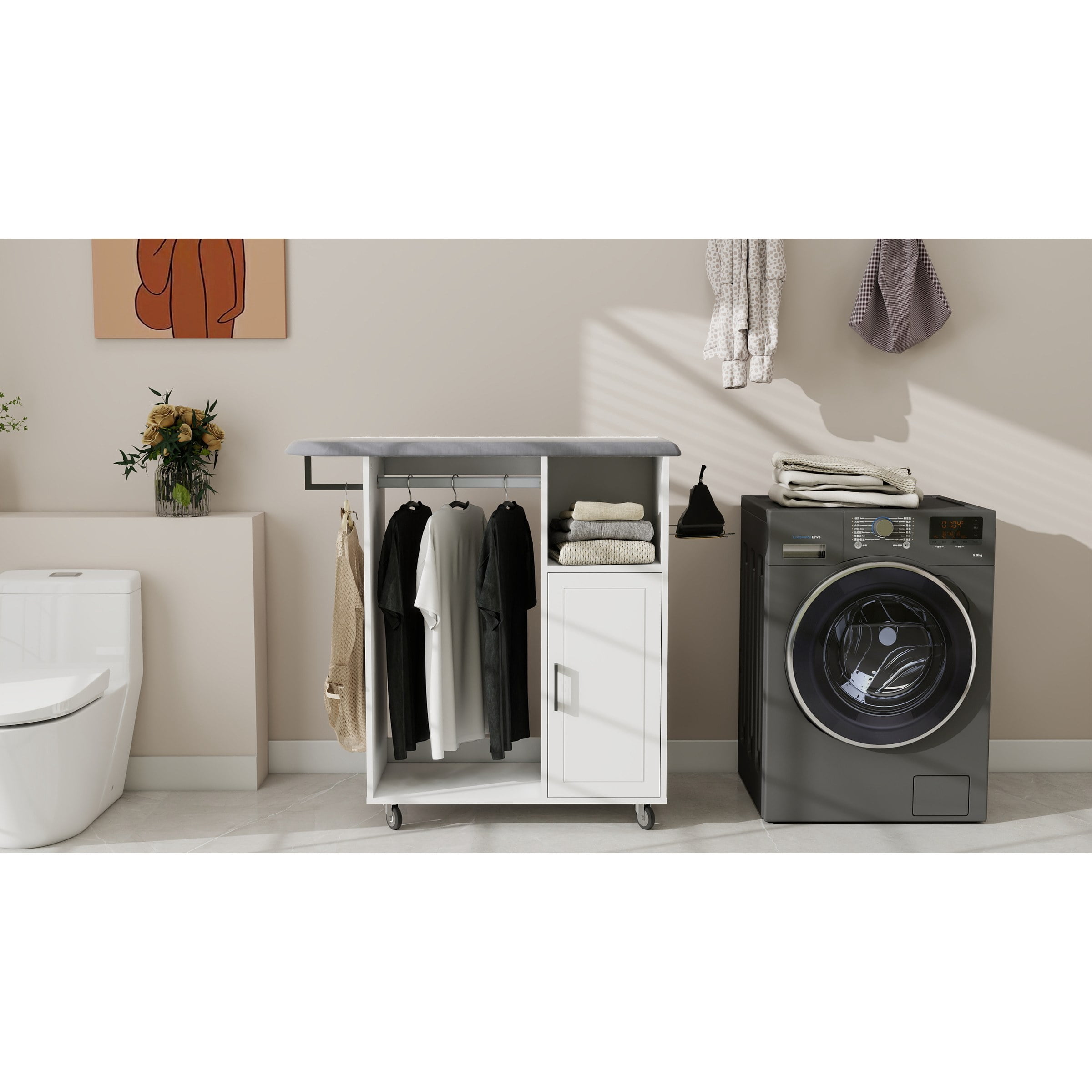 Ironing Cart with Rolling Ironing Board, Multipurpose Ironing Cabinet with Wheels, Compact Ironing Solution for Laundry Room, Bedroom,Cloakroom