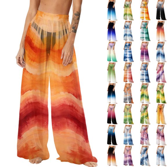 Hrsba Chiffon Wide Leg Trousers For Women Bohemian Print Light Full Length Loose Pants