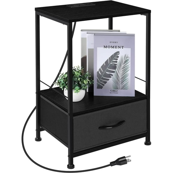 Nightstand with Charging Station - Modern Black Side Table with USB Ports, Outlets & Fabric Drawer, 2-Tier Bedside Table for Bedroom & Living Room