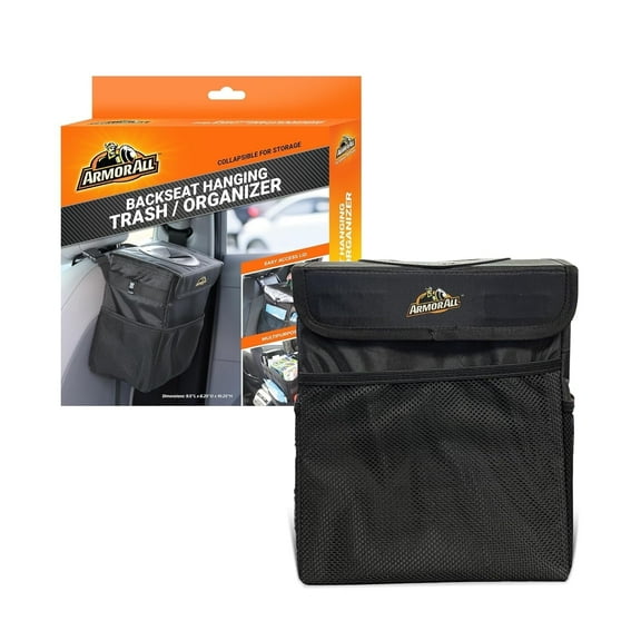 Armor All Car Trash Can & Organizer, 2.63 Gallon Waterproof Covered Garbage Bin, 3 Mesh Pockets, Collapsible for Easy Storage, Adjustable Strap & Hook for Backseat Hanging.