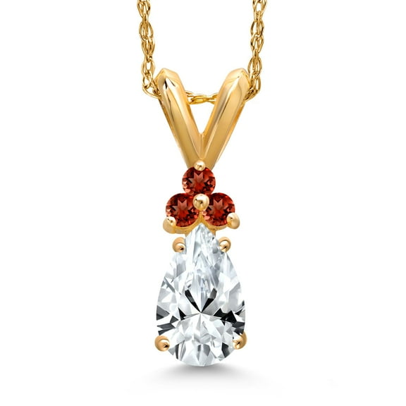 Gem Stone King 14K Yellow Gold White Created Sapphire and Red Garnet Pendant Necklace for Women | 1.11 Cttw | Gemstone September Birthstone | Pear Shape 7X5MM | With 18 inch Chain