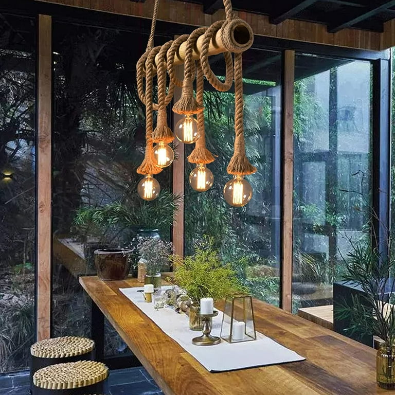 Arturesthome 6 Heads Hemp Rope Pendant Light, Vintage Bamboo Arturesthome 6 Heads Hemp Rope Pendant Light, Vintage Bamboo