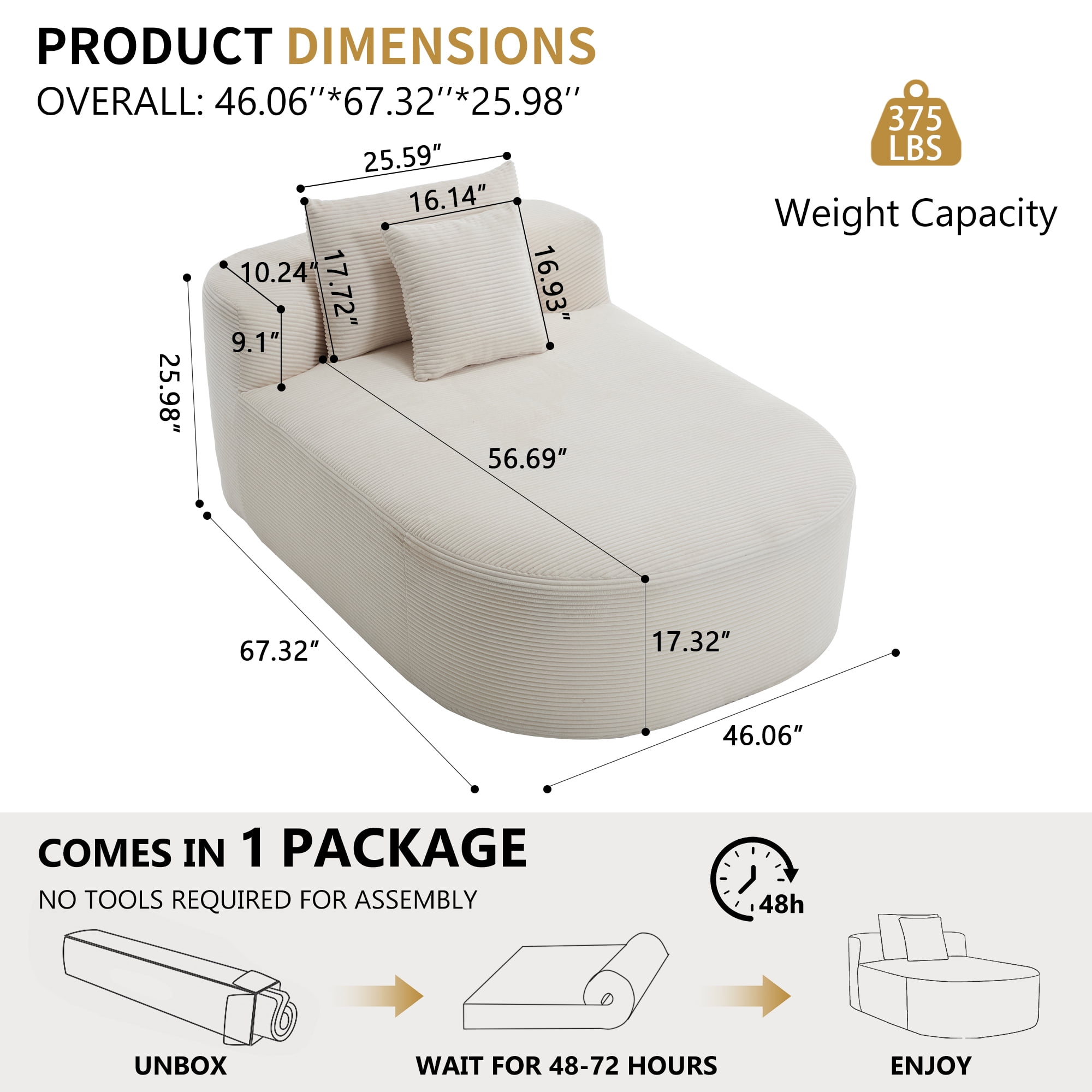 Gewnee Oversized 56.7-inch Deep Seat Corduroy Sofa Bed, No Assembly Required, Perfect for Living Room and Lounge，Beige
