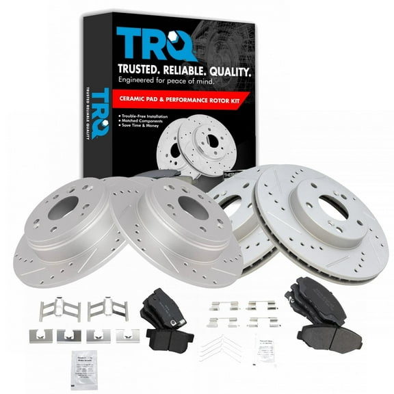 TRQ Front and Rear Performance Brake Pad & Rotor Kit Brake Pads Brake Rotors Set Semi-Metallic Premium G-Coated Fits Select 2003-2011 Honda Element