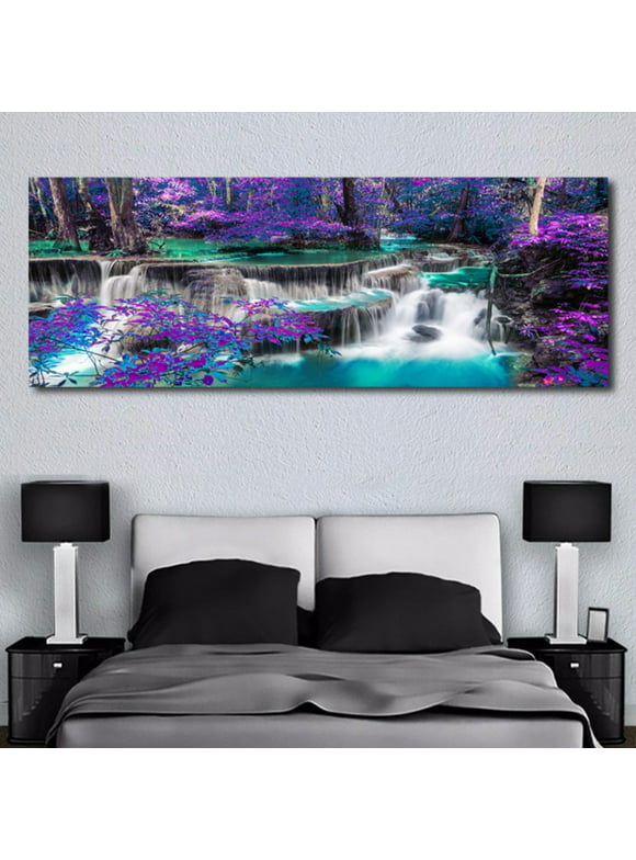 Waterfall Canvas Wall Art Purple Trees Forest Landscape Painting Picture Prints Black and White Purple Bathroom Bedroom Decoration Unframed 15.7*47.2 Inch