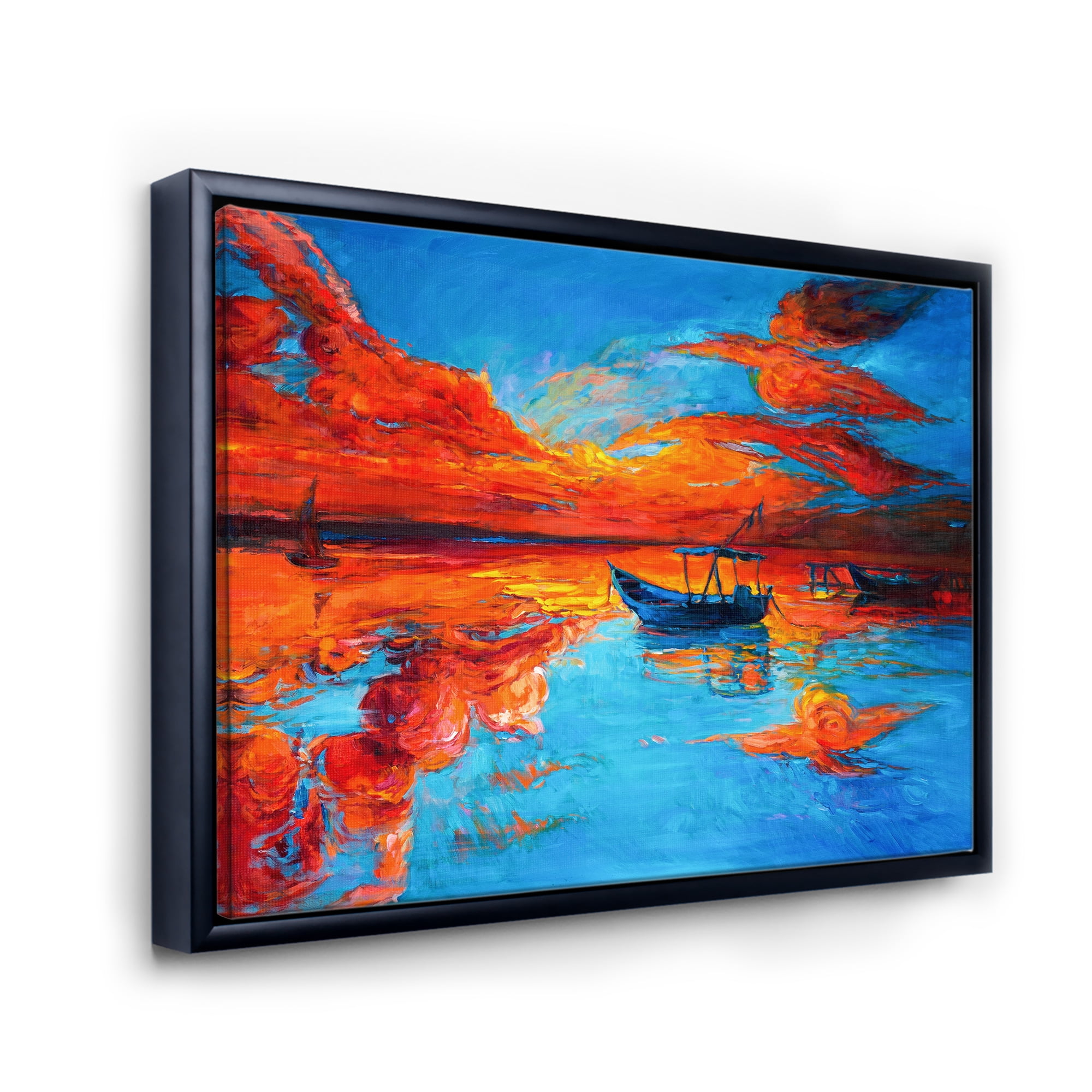 Designart 'Boats During Warm Sunset Resting On The Water VI' Nautical & Coastal Framed Canvas Wall Art Print