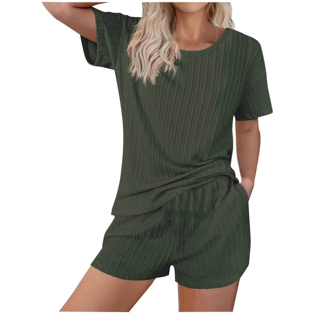 AherBiu Womens Pajama Sets Ribbed Short Sleeve T Shirts Pjs Set Elastic Waist Shorts Homewear Sleepwear