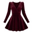 thumbnail image 3 of Byworldtasic Women's V Neck Velvet Midi Dress Long Sleeve Formal Cocktail Dress High Waist A-Line Flowy Dress for Wedding Guest, 3 of 8